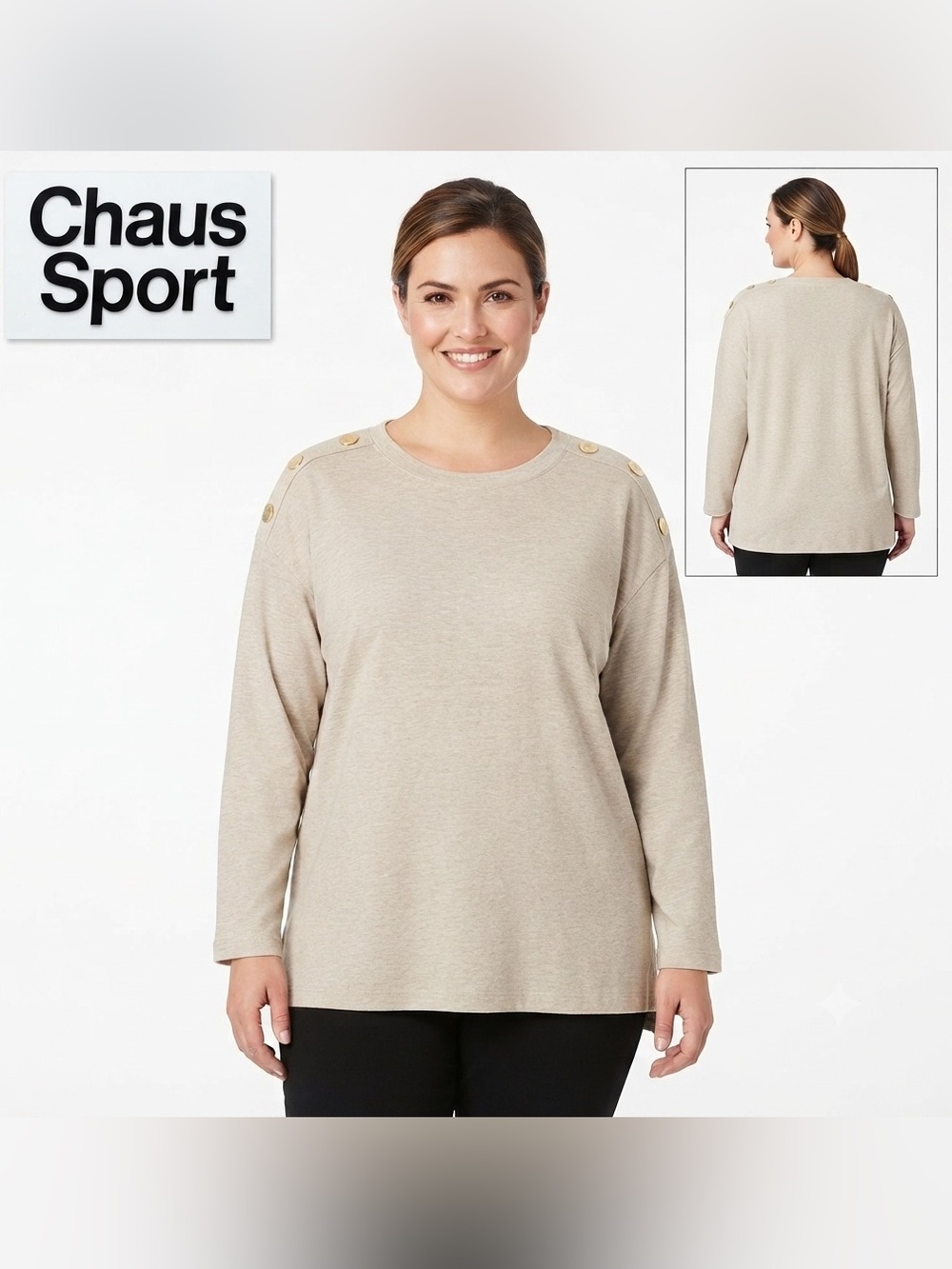 Chaus Sport Button Shoulder Heather Gray Top Large